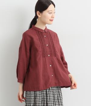 コットンリネンミニ襟ピンタックシャツ(レッド-38)