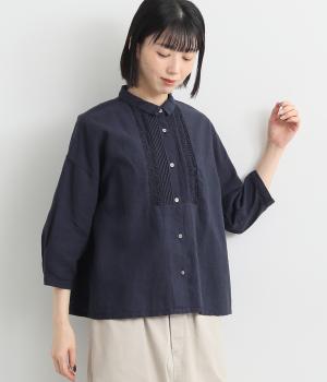 コットンリネンミニ襟ピンタックシャツ(ネイビー-38)