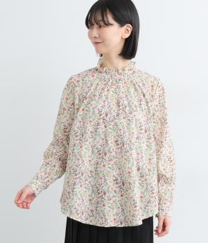 リバティプリント　コットンフリルブラウス(Megumi花柄ホワイト-38)
