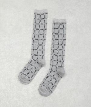 格子に小花と葉ハイソックス