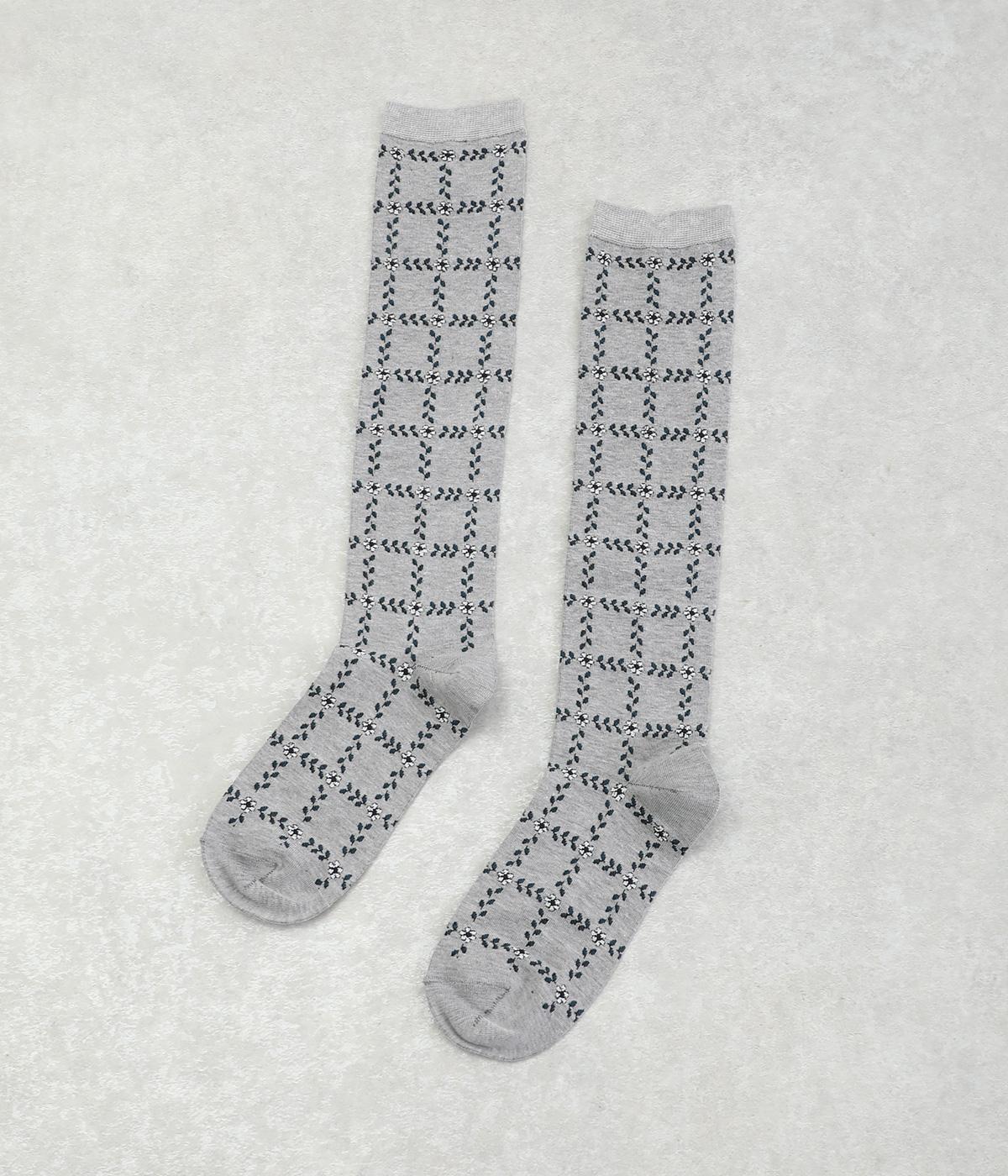 格子に小花と葉ハイソックス(杢淡グレー-F)