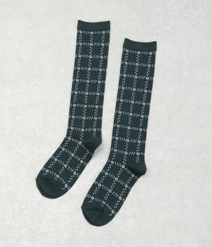 格子に小花と葉ハイソックス(黒緑-F)