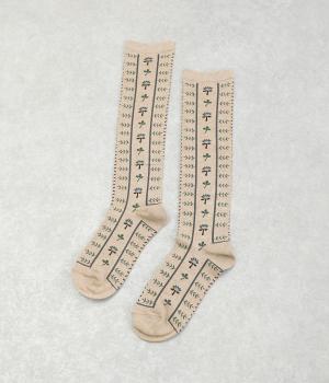 植物柄ハイソックス(杢ベージュ-F)