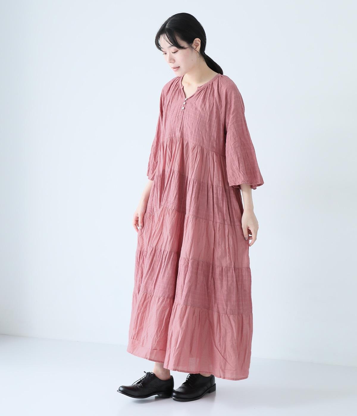 コットン刺繍ティアードワンピース(ピンク-ONESIZE)