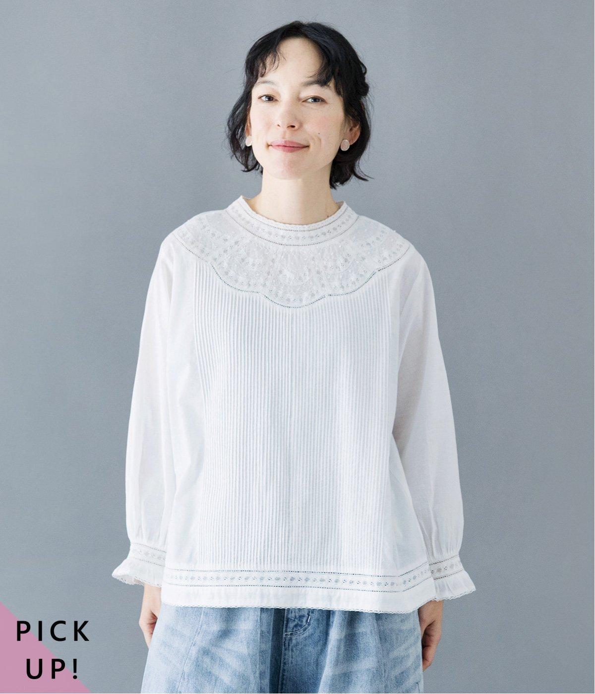 コットンピンタック刺繍2wayブラウス(ホワイト-F)