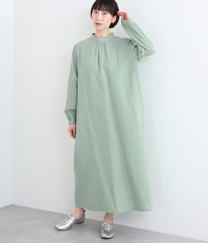 ダブルガーゼ　襟フリルワンピース(ミントグレー-ONESIZE)