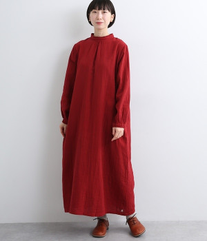 ダブルガーゼ　襟フリルワンピース(赤-ONESIZE)