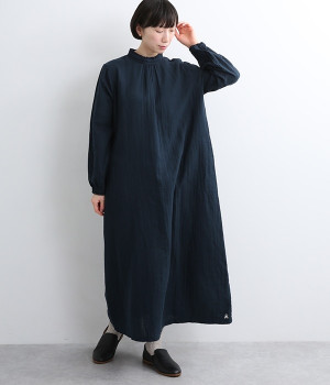 ダブルガーゼ　襟フリルワンピース(藍-ONESIZE)