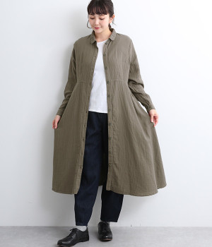 ダブルガーゼ襟刺しゅうシャツワンピース(ダークグレー-ONESIZE)