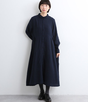 ダブルガーゼ襟刺しゅうシャツワンピース(藍-ONESIZE)