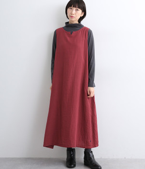 ダブルガーゼボートネックジャンパースカート(ワイン-ONESIZE)