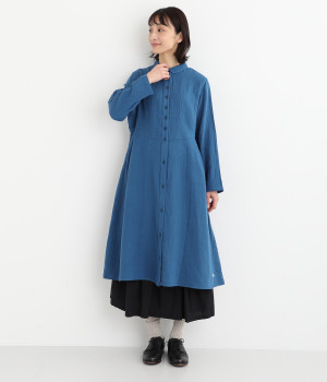 コットンWガーゼ前開き長袖シャツワンピース(ブルー-ONESIZE)