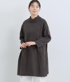 ダブルガーゼ胸ギャザーチュニック(墨黒-F)