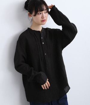 グランジリネン×ラミー ユニセックスシャツプルオーバー(ブラック-ONESIZE)