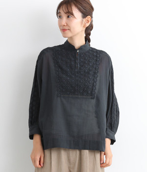 オリジナルエンブロイダリーレース×ボイルブラウス(ネイビー-ONESIZE)