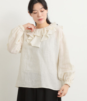 グランジリネンイレギュラーフリルブラウス(オフホワイト-ONESIZE)