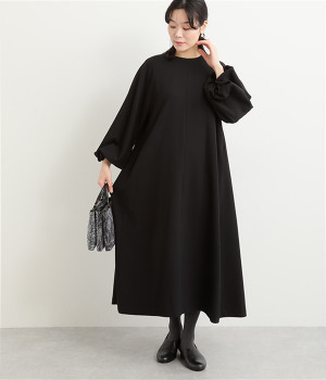 エコダブルクロスノーカラーシンプルワンピース(ブラック-ONESIZE)