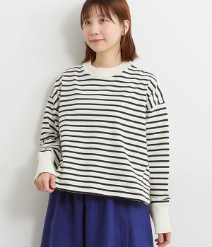 空紡天竺ボーダー　プルオーバー(オフ×ネイビー-ONESIZE)