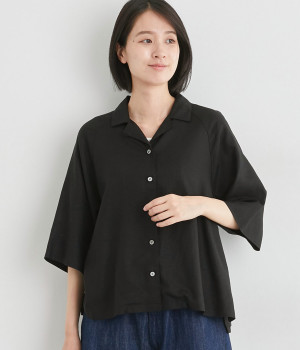 レーヨンリネンキャンバス開襟ハオリシャツ(ブラック-ONESIZE)