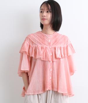 インドコットンピグメントダイギャザーフリルブラウス(ピンク-ONESIZE)