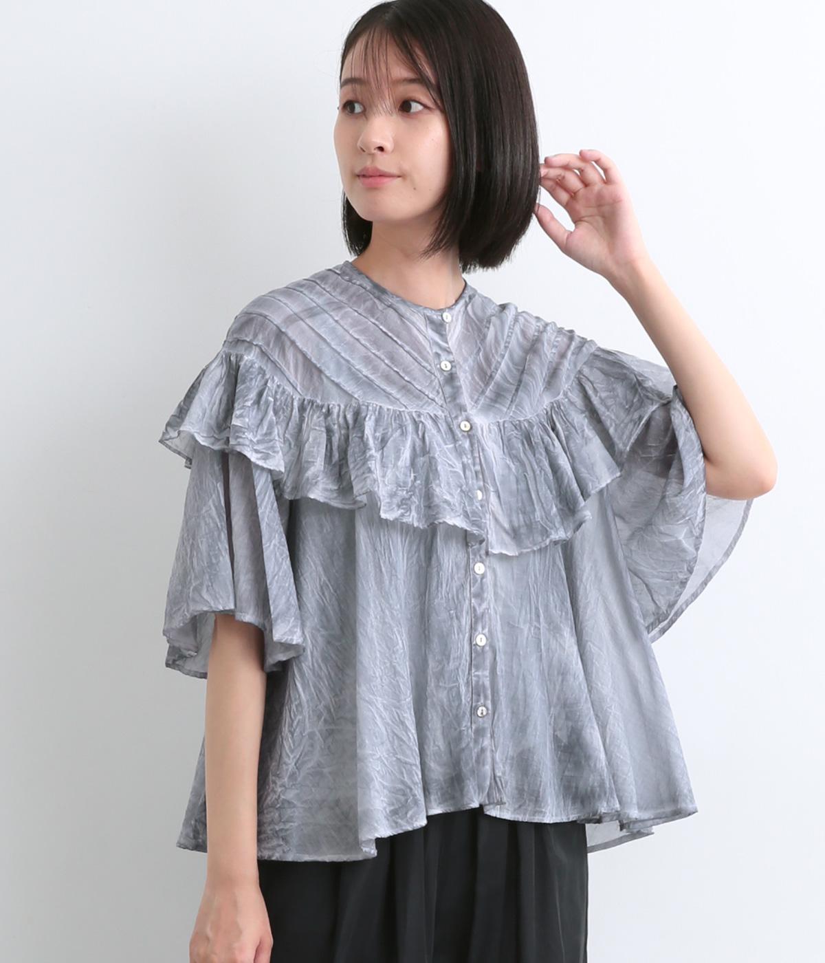インドコットンピグメントダイギャザーフリルブラウス(ネイビー-ONESIZE)
