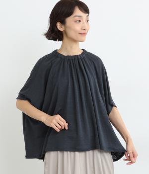 リバイバルリネン ギャザーネックスクエアートップス(ネイビー-ONESIZE)
