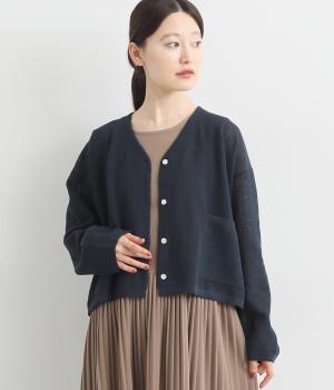 リネンコットンダブルジャカードカーディガン(ネイビー-ONESIZE)