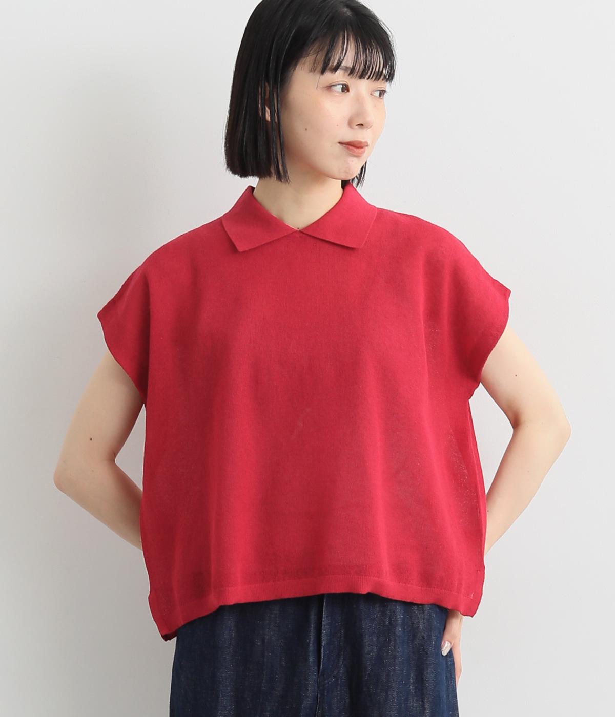 12Gリネンコットンダブルジャカードニットポロシャツ(レッド-ONESIZE)