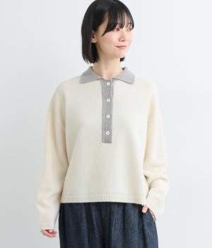 NEW　ENGLANDメリノウール天竺配色ニットポロ