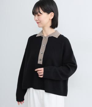 NEW　ENGLANDメリノウール天竺配色ニットポロ(ブラック-F)