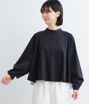 コットンポンチ×布帛切替えフレアブラウス