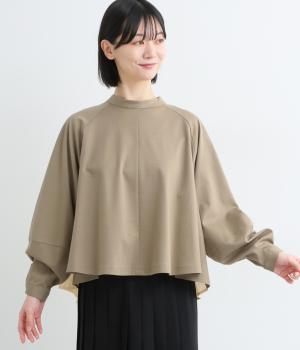 コットンポンチ×布帛切替えフレアブラウス(カーキ系-F)