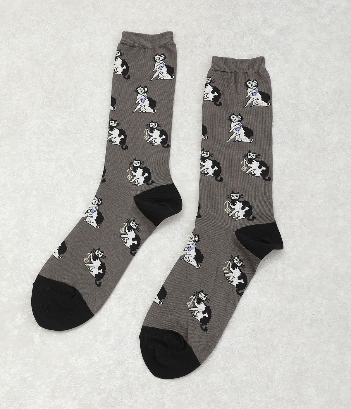 TORANEKO BONBON　飛ばしネコ総柄ソックス(チャコール-F)