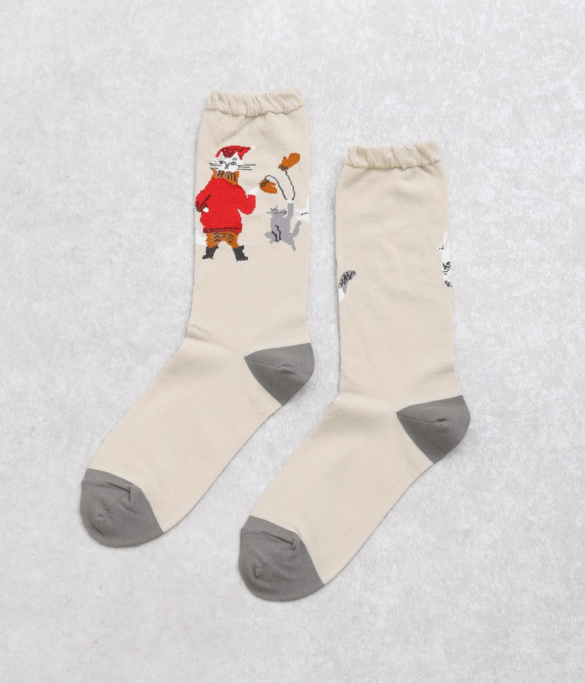 TORANEKO BONBON　子ネコと遊ぶ柄ソックス(ベージュ×グレー-F)