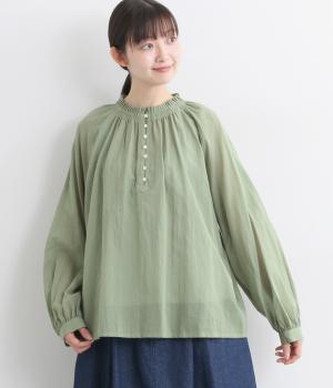 コットン強撚ボイル 襟タックギャザーブラウス