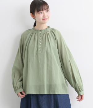 コットン強撚ボイル 襟タックギャザーブラウス(グリーン-F)