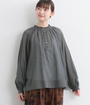 コットン強撚ボイル 襟タックギャザーブラウス(チャコール-F)