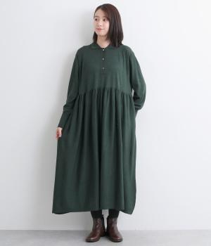 Easy Care梳毛天竺ポロ襟ギャザーワンピース(グリーン-F)
