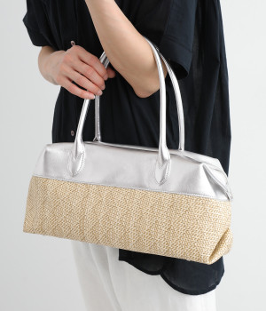 コットンレーヨンエステル混　牛革縦長トート