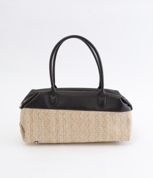 コットンレーヨンエステル混　牛革縦長トート(ブラック-ONESIZE)