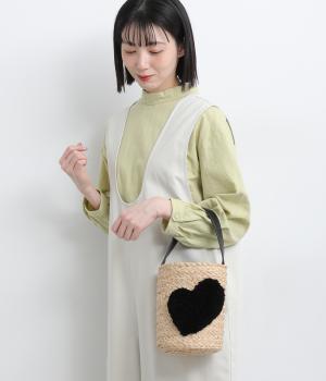 ハート付ラフィアバケットトート(ブラック-F)