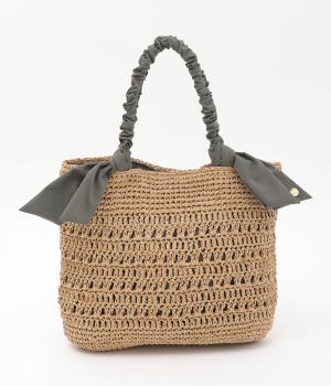 下がりリボン柄編みトート(グレー-F)