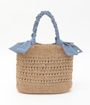 下がりリボン柄編みトート(ブルー-F)