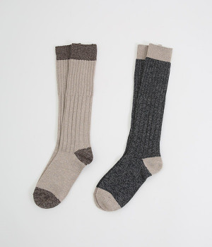 撚り杢 変則リブ ハイソックス　2足組(ライトグレー×チャコール-ONESIZE)