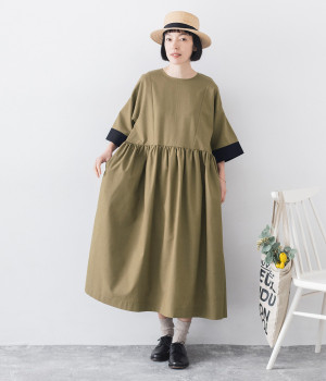 リネンコットン 配色ワンピース(ダークベージュ-ONESIZE)