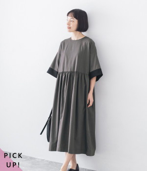 リネンコットン 配色ワンピース(チャコール-ONESIZE)