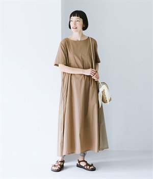 サイド異素材切り替えワンピース(モカ-ONESIZE)