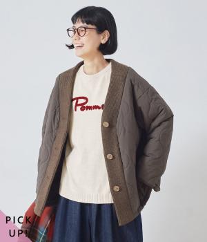 キルティング×ニット　ノーカラージャケット(ブラウン-ONESIZE)