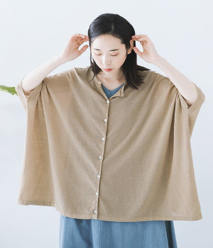 リネンコットンカノコ編みポンチョ型カーディガン(ベージュ-ONESIZE)