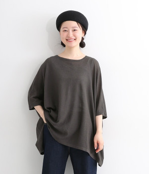 リネンコットンカノコ編みポンチョ型カーディガン(チャコール-ONESIZE)